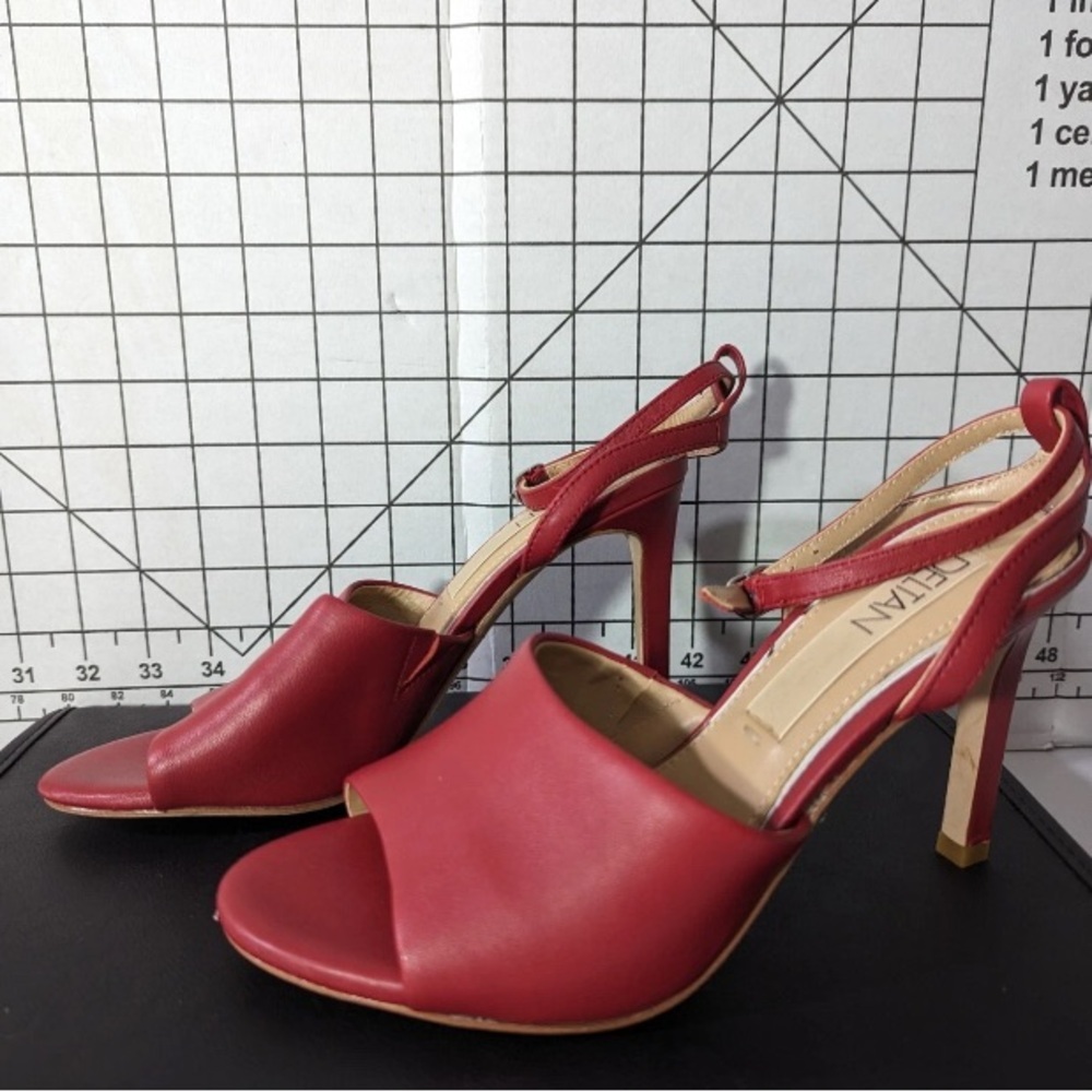NEW-Size 6.5M Women's Deltan Stiletto Heeled Leather Ankle Strap Sandal Red